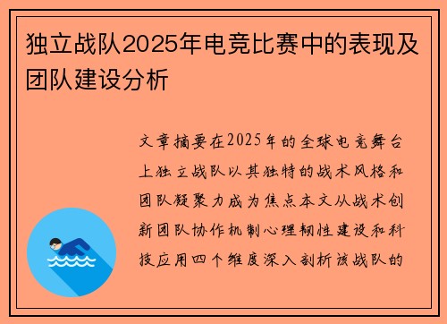 独立战队2025年电竞比赛中的表现及团队建设分析